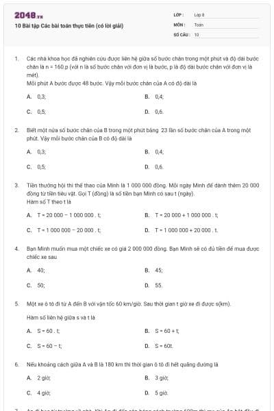 10 Bài tập Các bài toán thực tiễn (có lời giải)