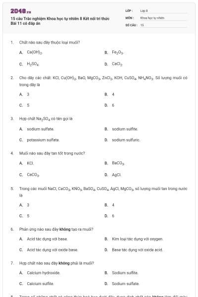 15 câu Trắc nghiệm Khoa học tự nhiên 8 Kết nối tri thức Bài 11 có đáp án