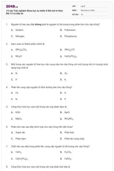 15 câu Trắc nghiệm Khoa học tự nhiên 8 Kết nối tri thức Bài 12 có đáp án