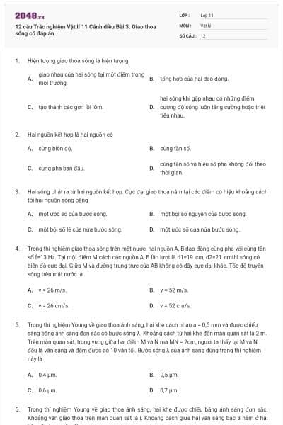 12 câu Trắc nghiệm Vật lí 11 Cánh diều Bài 3. Giao thoa sóng có đáp án