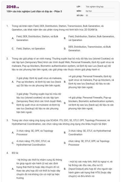 100+ câu trắc nghiệm Lưới điện có đáp án - Phần 5