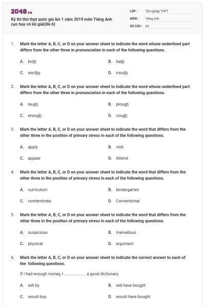 Kỳ thi thử thpt quốc gia lần 1 năm 2019 môn Tiếng Anh cực hay có lời giải(Đề 6)