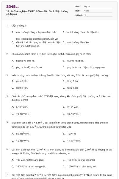 12 câu Trắc nghiệm Vật lí 11 Cánh diều Bài 2. Điện trường có đáp án