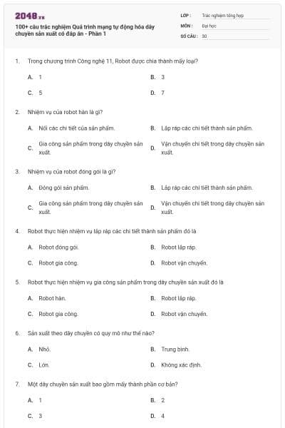 100+ câu trắc nghiệm Quá trình mạng tự động hóa dây chuyền sản xuất có đáp án - Phần 1