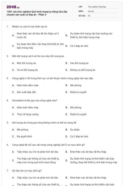 100+ câu trắc nghiệm Quá trình mạng tự động hóa dây chuyền sản xuất có đáp án - Phần 4
