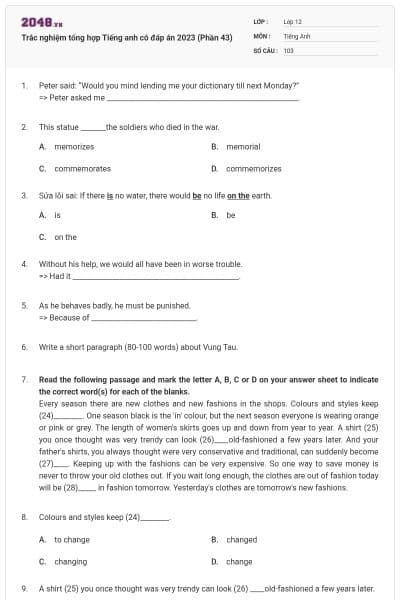 Trắc nghiệm tổng hợp Tiếng anh có đáp án 2023 (Phần 43)