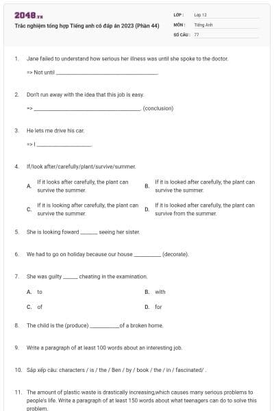 Trắc nghiệm tổng hợp Tiếng anh có đáp án 2023 (Phần 44)