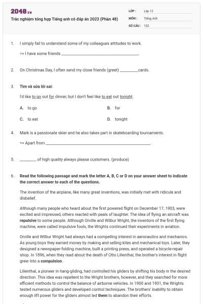 Trắc nghiệm tổng hợp Tiếng anh có đáp án 2023 (Phần 48)