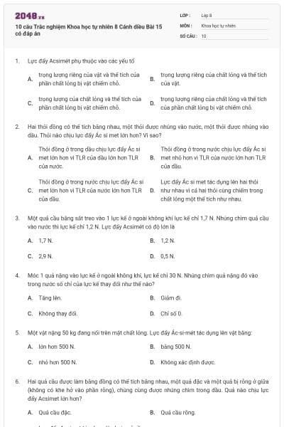 10 câu Trắc nghiệm Khoa học tự nhiên 8 Cánh diều Bài 15 có đáp án