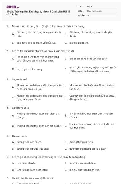 10 câu Trắc nghiệm Khoa học tự nhiên 8 Cánh diều Bài 18 có đáp án