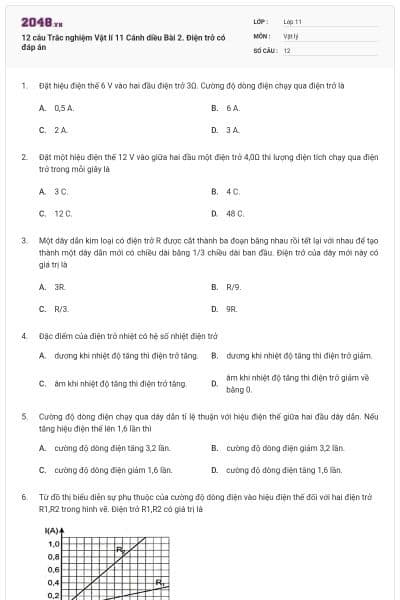 12 câu Trắc nghiệm Vật lí 11 Cánh diều Bài 2. Điện trở có đáp án