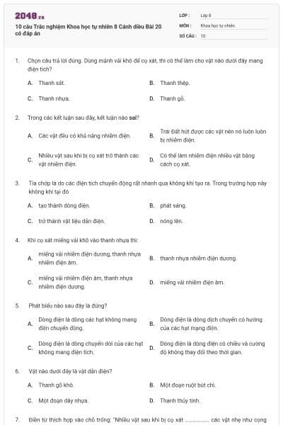 10 câu Trắc nghiệm Khoa học tự nhiên 8 Cánh diều Bài 20 có đáp án