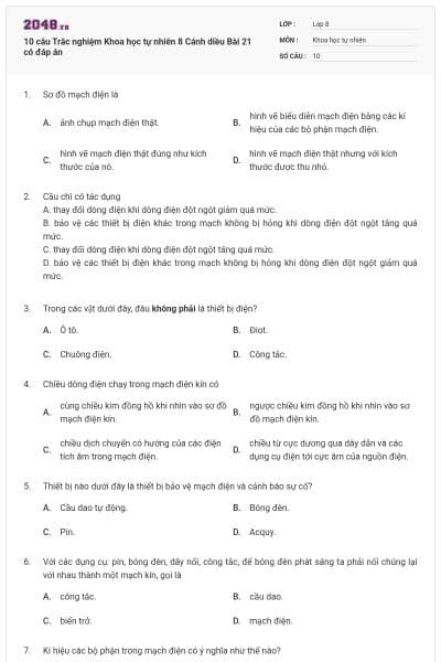 10 câu Trắc nghiệm Khoa học tự nhiên 8 Cánh diều Bài 21 có đáp án