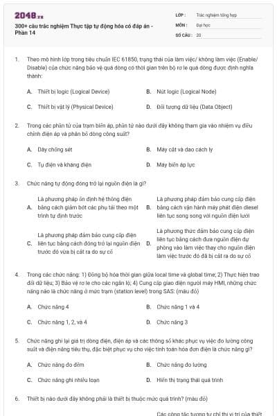 300+ câu trắc nghiệm Thực tập tự động hóa có đáp án - Phần 14