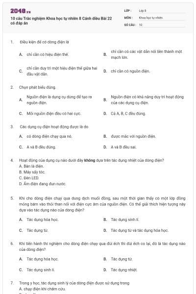 10 câu Trắc nghiệm Khoa học tự nhiên 8 Cánh diều Bài 22 có đáp án