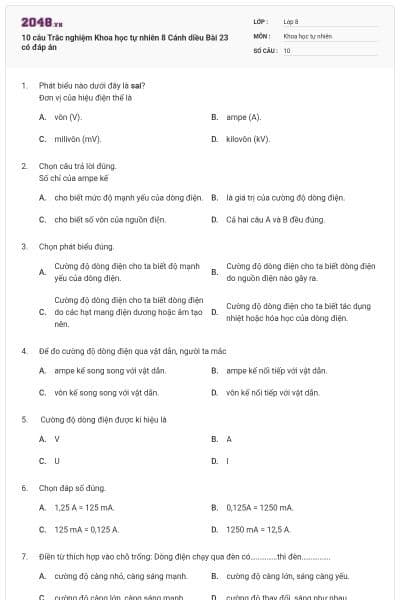 10 câu Trắc nghiệm Khoa học tự nhiên 8 Cánh diều Bài 23 có đáp án