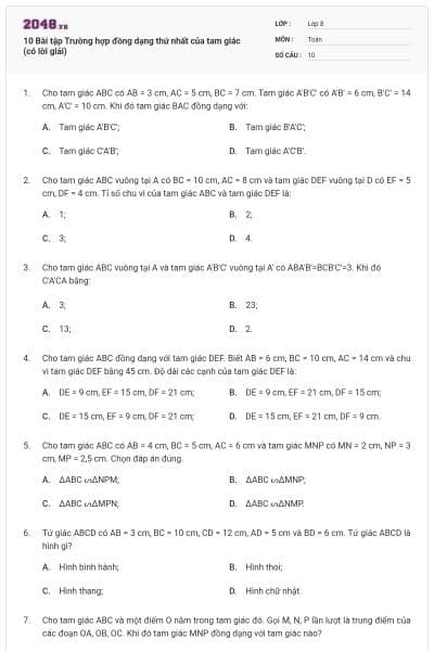10 Bài tập Trường hợp đồng dạng thứ nhất của tam giác (có lời giải)