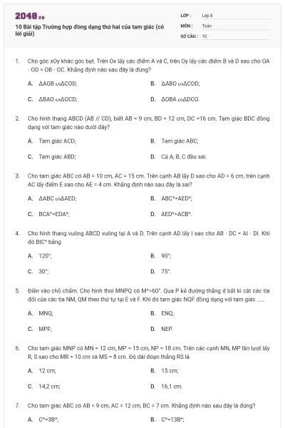 10 Bài tập Trường hợp đồng dạng thứ hai của tam giác (có lời giải)