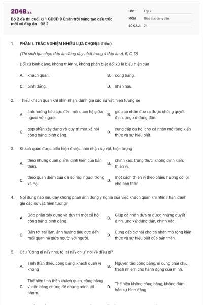 Bộ 2 đề thi cuối kì 1 GDCD 9 Chân trời sáng tạo cấu trúc mới có đáp án - Đề 2