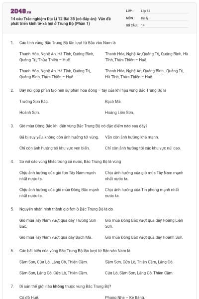 14 câu Trắc nghiệm Địa Lí 12 Bài 35 (có đáp án): Vấn đề phát triển kinh tế-xã hội ở Trung Bộ (Phần 1)