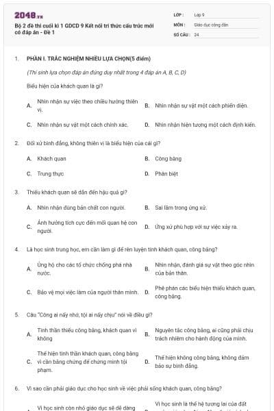 Bộ 2 đề thi cuối kì 1 GDCD 9 Kết nối tri thức cấu trúc mới có đáp án - Đề 1