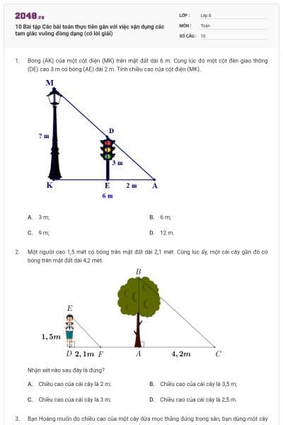 10 Bài tập Các bài toán thực tiễn gắn với việc vận dụng các tam giác vuông đồng dạng (có lời giải)