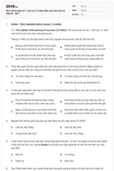Bộ 3 đề thi giữa kì 1 Lịch sử 12 Cánh diều cấu trúc mới có đáp án - Đề 1