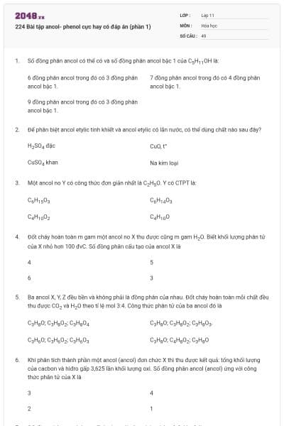 224 Bài tập ancol- phenol cực hay có đáp án (phần 1)