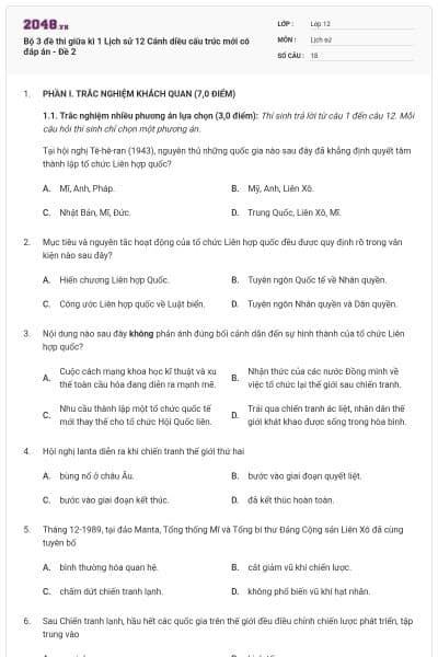 Bộ 3 đề thi giữa kì 1 Lịch sử 12 Cánh diều cấu trúc mới có đáp án - Đề 2