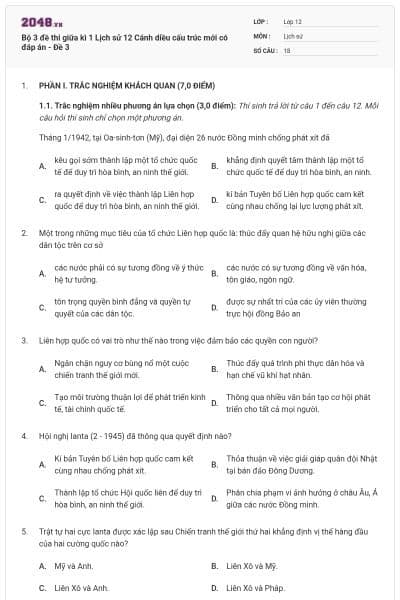 Bộ 3 đề thi giữa kì 1 Lịch sử 12 Cánh diều cấu trúc mới có đáp án - Đề 3