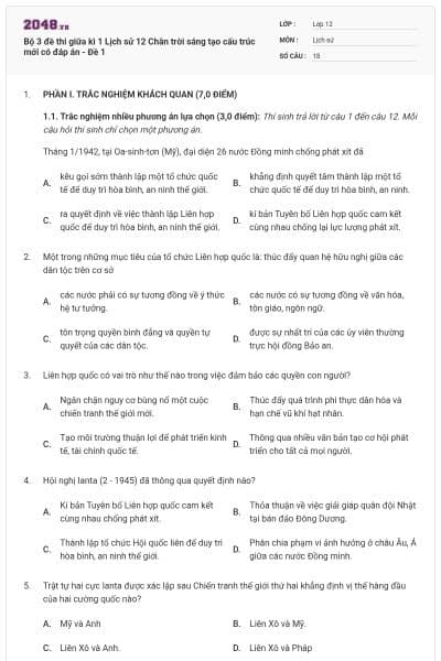 Bộ 3 đề thi giữa kì 1 Lịch sử 12 Chân trời sáng tạo cấu trúc mới có đáp án - Đề 1