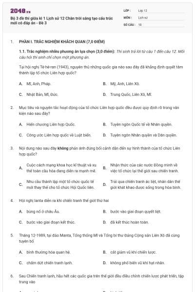 Bộ 3 đề thi giữa kì 1 Lịch sử 12 Chân trời sáng tạo cấu trúc mới có đáp án - Đề 3