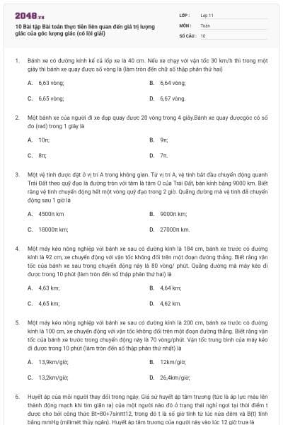 10 Bài tập Bài toán thực tiễn liên quan đến giá trị lượng giác của góc lượng giác (có lời giải)