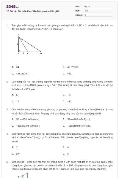 10 Bài tập Bài toán thực tiễn liên quan (có lời giải)
