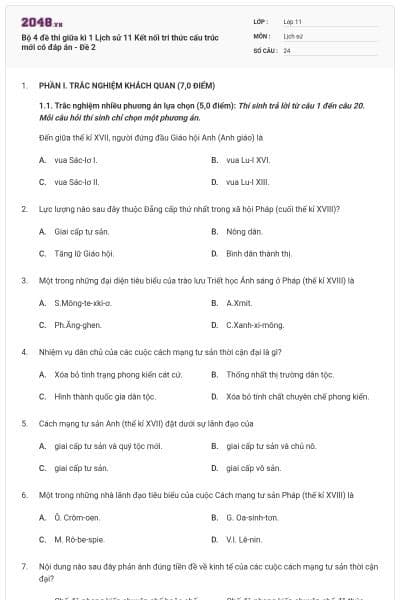 Bộ 4 đề thi giữa kì 1 Lịch sử 11 Kết nối tri thức cấu trúc mới có đáp án - Đề 2