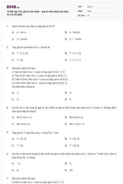 10 Bài tập Tìm giá trị lớn nhất – giá trị nhỏ nhất của hàm số (có lời giải)