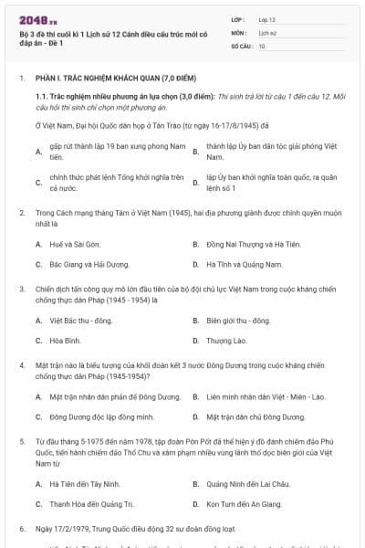 Bộ 3 đề thi cuối kì 1 Lịch sử 12 Cánh diều cấu trúc mới có đáp án - Đề 1