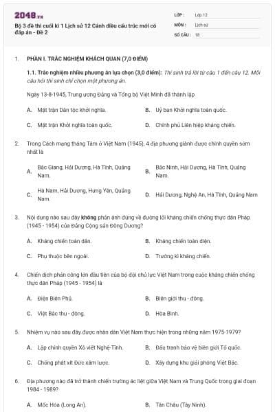 Bộ 3 đề thi cuối kì 1 Lịch sử 12 Cánh diều cấu trúc mới có đáp án - Đề 2