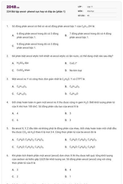 224 Bài tập ancol- phenol cực hay có đáp án (phần 1)
