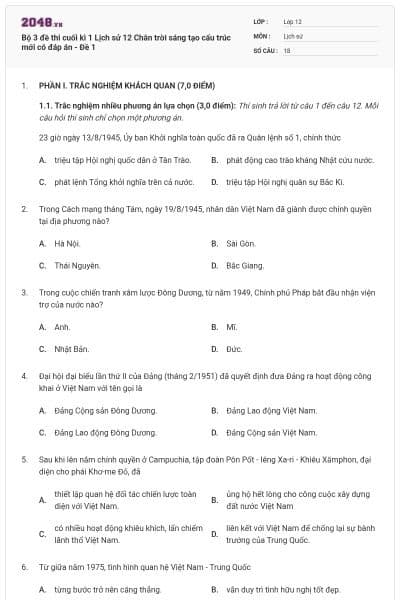 Bộ 3 đề thi cuối kì 1 Lịch sử 12 Chân trời sáng tạo cấu trúc mới có đáp án - Đề 1