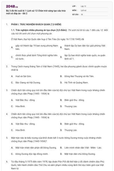 Bộ 3 đề thi cuối kì 1 Lịch sử 12 Chân trời sáng tạo cấu trúc mới có đáp án - Đề 2