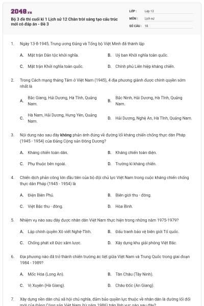 Bộ 3 đề thi cuối kì 1 Lịch sử 12 Chân trời sáng tạo cấu trúc mới có đáp án - Đề 3