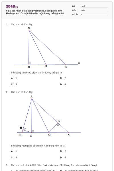 9 Bài tập Nhận biết đường vuông góc, đường xiên. Tìm khoảng cách của một điểm đến một đường thẳng (có lời giải)