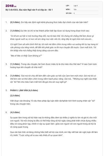 Bộ 5 đề KSCL đầu năm Ngữ văn 9 có đáp án - Đề 1