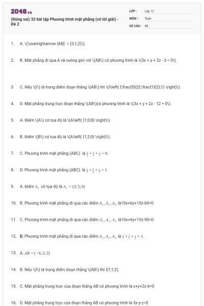 (Đúng sai) 32 bài tập Phương trình mặt phẳng (có lời giải) - Đề 2
