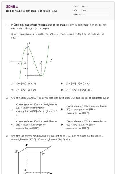 Bộ 3 đề KSCL đầu năm Toán 12 có đáp án - Đề 3