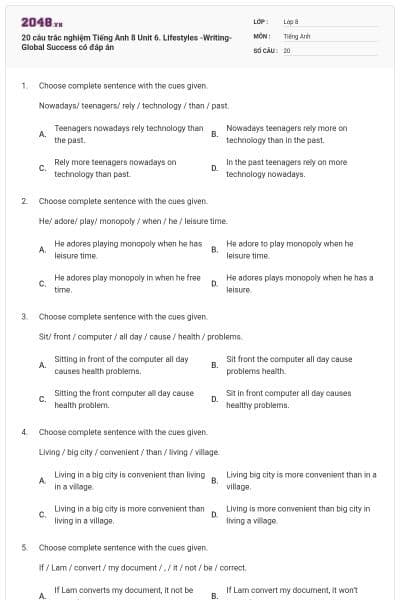 20 câu trắc nghiệm Tiếng Anh 8 Unit 6. Lifestyles -Writing- Global Success có đáp án