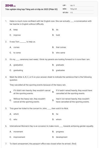 Trắc nghiệm tổng hợp Tiếng anh có đáp án 2023 (Phần 52)