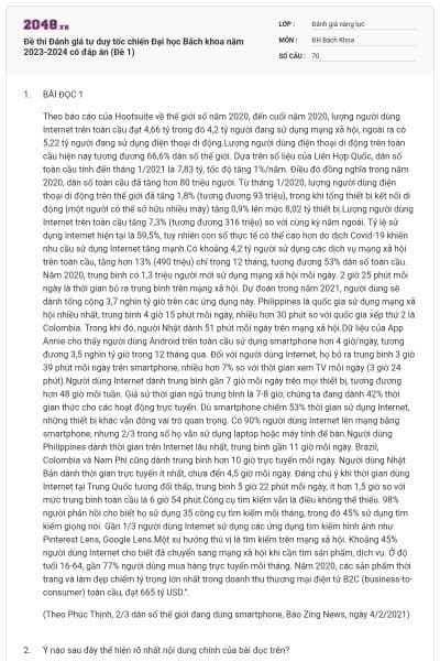 Đề thi Đánh giá tư duy tốc chiến Đại học Bách khoa năm 2023-2024 có đáp án (Đề 1)