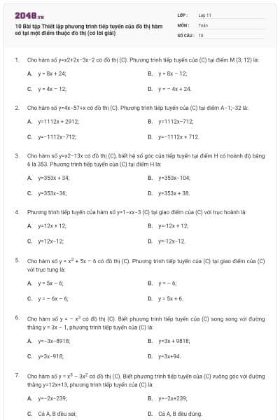 10 Bài tập Thiết lập phương trình tiếp tuyến của đồ thị hàm số tại một điểm thuộc đồ thị (có lời giải)